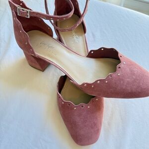 Lord & Taylor Scalloped Pink Suede Women's ankle strap heel